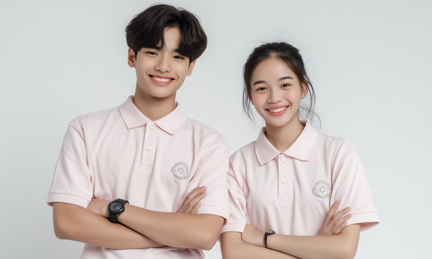 Two teenage students in light pink polo shirts with an embroidered crest