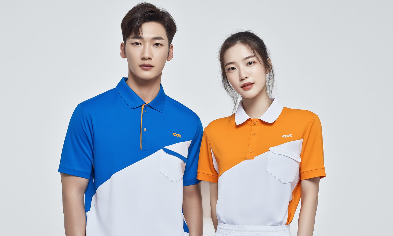ชายหญิงสวมเสื้อโปโลกีฬาสีน้ำเงินและสีส้มตัดต่อแผงสีขาว