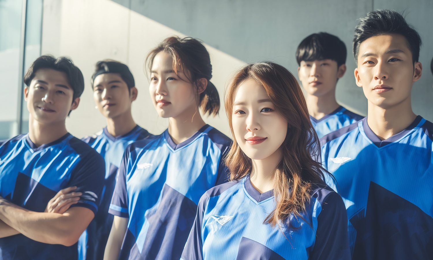 ทีมหนุ่มสาวสวมเสื้อกีฬาสีน้ำเงินตัดต่อสีขาวยืนรวมกลุ่มกลางแจ้ง