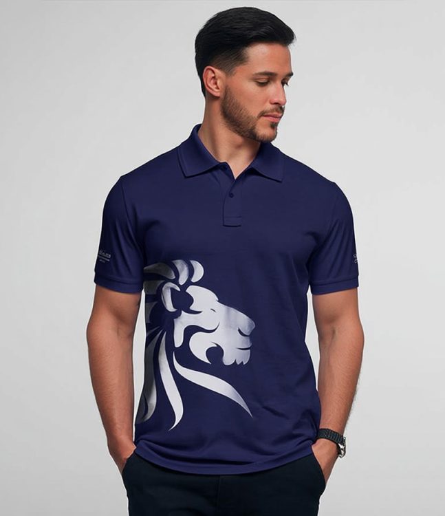 Navy polo shirt with a large lion-head print for Harrow International School Bangkok