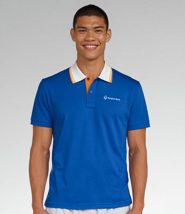 Blue polo shirt with white collar, orange placket and Bangkok Bank logo on the left chest