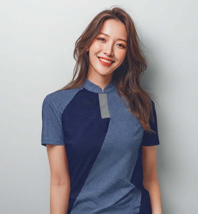 Navy and blue striped polo shirt with a mandarin collar for Klub Hotel