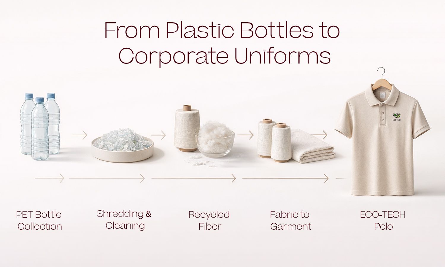 PET bottles processed into fibre and fabric for ECO-TECH polo shirts