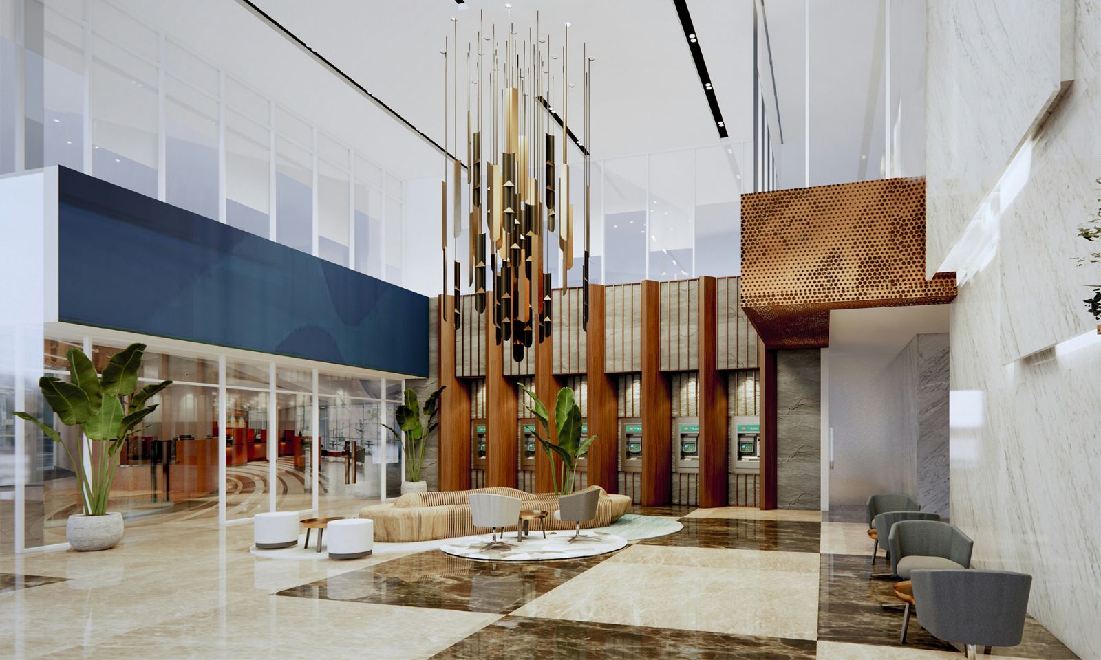 Warm-toned hotel lobby