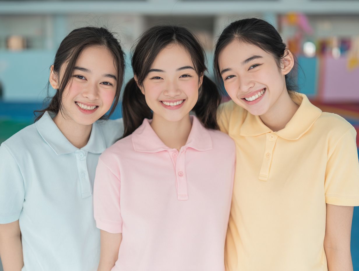 Three students in light blue, pink and pale yellow polo shirts in a colourful activity room