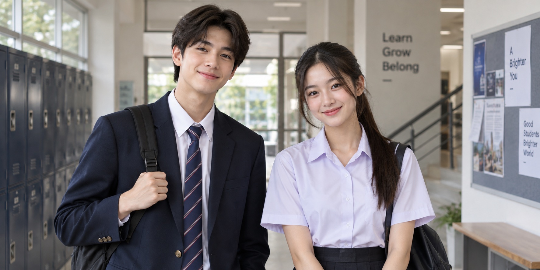 นักเรียนชายในชุดสูทและนักเรียนหญิงในชุดนักเรียนสีม่วงยืนคู่กันในทางเดินโรงเรียน